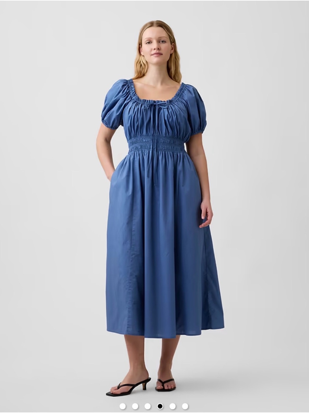 GAP Blue Puff-Sleeve Smocked Midi Dress